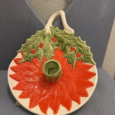 Vintage Hand Painted Ceramic Christmas Taper Candlestick Holder Holly Berries picture