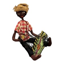 Vintage Handmade Cloth Fisherman Doll Felt Fish Net Burlap Hat Folk Art picture
