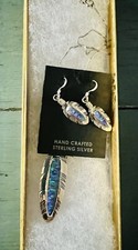 Navajo Handmade Sterling Silver Opal Inlay Feather Pendant & Earrings Signed Set picture