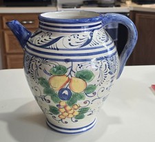 VTG MAXCERA Lemon Pear Grapes Pitcher Vase Pottery Blue White Yellow 8 3/4” picture