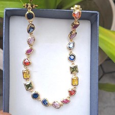 Rainbow Multi-Cut Multi-Color Gemstone Tennis Necklace 14K Yellow Gold Over 16
