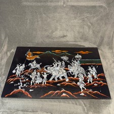 Vintage Asian Mother of Pearl Lacquer Wall Art Large Black Battle Scene EUC picture