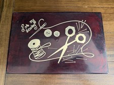 Vintage Burgundy Sewing Box Red Lucite Style Gold Scissors Buttons Notions Case picture