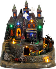 Halloween Village Animated Lighted Haunted House with Moving Train, Sound picture