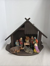 Vintage German West Germany Plastic Christmas Nativity Figures Set w/Wood Stable picture