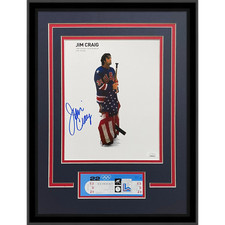 Jim Craig Autographed 1980 USA Hockey Holding Flag Deluxe Framed 8x10 Photo w/ R picture