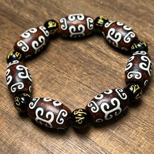 Tibetan Nine Eye Dzi Bead Bracelet Agate Vintage Black White Cloud Pattern picture