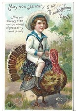 VTG THANKSGIVING POSTCARD-BOY SAILOR SUIT SITTING ON BIG TOM TURKEY REINS 1912 picture