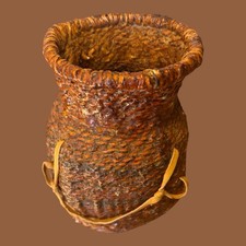 Apache coiled pine pitch water jar (Tus) with Buckskin strap c1800 10”x7” picture