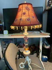 Vintage Bohemian Stacked Glass Table Lamp Red Embroidered Beaded Fringe Shade 30 picture