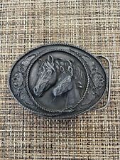 Vintage 1991 Two Horse Heads Western Floral Belt Buckle by Siskiyou Made USA picture