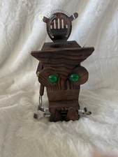 Vintage 70s Handmade Raised Grain Wood Owl Cocktail Bar Tool Caddy Set Holder picture