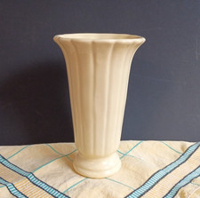 Vintage Ceramic Fluted Vase with Vertical Lines, Pale Yellow, Glazed - 6.75