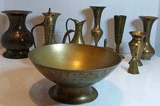 Vintage Indian Brass Decor Lot  Bells of Sarna Incense Burner Etched Vase picture