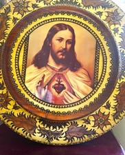 Round Wooden Christian Decorative Plate Plaque - Sacred Heart Jesus & Mary picture