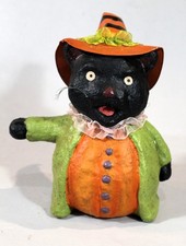 Handcrafted Vintage Papier Mache Halloween Black Cat with Pumpkin Body c. 1985 picture