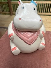 Vintage Ceramic Whimsical Hippo W/Pink Bandana & Blue Bow Cookie Jar picture