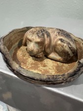 Vintage Enesco Japan Sleeping Dog in Basket 2 Pc Ceramic Figurine Miniature picture