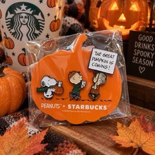 FREE SHIP Viral Peanuts x Starbucks Halloween pumpkin pin with Snoopy picture