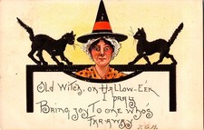 Vintage Ugly Old Witch, Black Cats, Hat, Antique and Early Halloween Postcard picture