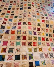 VTG 1960s 70s CATHEDRAL WINDOW QUILT HANDMADE 80 X 80 RETRO FABRICS ON WHITE picture
