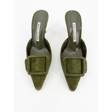 Manolo Blahnik Maysale Dark Green Suede Buckle Pointed Mules Kitten Heel 36 picture