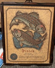 Vintage 1960’s Jerry Scultz Pine Wood Pisces Astrological Sign Plaque Read Descr picture