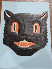 Vintage Early Small Halloween Luhrs Diecut Black Cat Head Orange Eyes picture