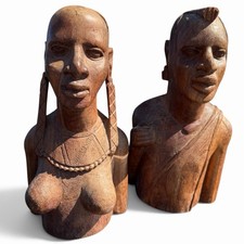 Vintage Hand-Carved Maasai Busts – Solid Hardwood African Figures – Large Pair picture