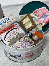 VTG lot~sewing items ~ 1959 sewing round tin Pin Cushion Thimble Scissors thread picture