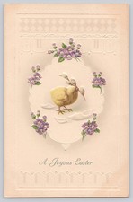 Antique 1913 Easter Postcard Chick Hatching Egg Pussy Willow Embossed picture