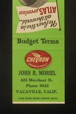 1940s? Chevron Gas Station Atlas Tires John R. Moriel Phone 9922 Vacaville CA MB picture