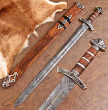 Hand Forged Damascus Steel Norsemen Sword Medieval Viking Replica with Scabbard. picture