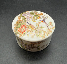 Vintage Japan Porcelain Trinket Box Birds & Floral Hand Painted Oval Lid picture