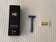HS Henson AL13 Aluminum Double Edge Mild Blue Safety Razor W/Box of Blades-Great picture