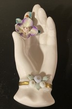 Vintage Porcelain Hand Ring Holder Hand Painted Figurine Floral Gold Trim picture