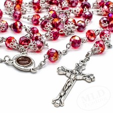 Deep Red Rosary Necklace – Catholic Crucifix  8mm Crystal Glass Prayer Beads picture