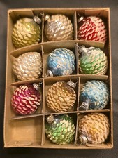 Rare VTG Glass Embossed Mini SNOW PINECONE Christmas Ornament Japan Box of 11 picture