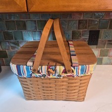 Longaberger Handmade Woven Picnic Basket with Colorful Striped Fabric Liner picture