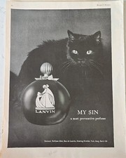 1964 Women's Lanvin My Sin Provocative Perfume Bottle Black Cat Vintage Art ad picture