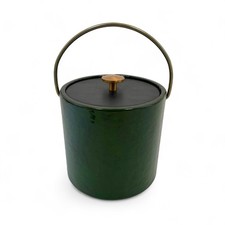 Vintage Mid-Century Ice Bucket Green Vinyl Brass Handle MCM Barware picture