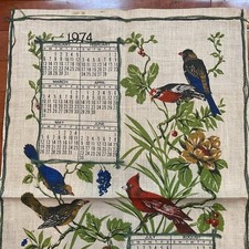 Vintage 1974 Kitchen Linen Calendar Tea Towel Sweet Birds & Flowers Yarn Sequins picture