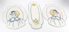 Vintage Handwork Embroidered Panels Ladies with Daisies set of 3 picture