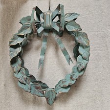 VTG 1999 Enesco Tole Ware Metal Magnolia Holiday Wreath w/Bow Green Gold Gilded  picture