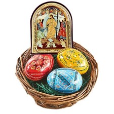 Easter Basket Pysanky Pysanki Ukrainian Wooden Hand Painted Eggs and Arched Icon picture