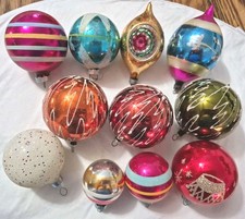 LOT 11 VINTAGE CHRISTMAS ORNAMENTS GLITTER FLOCKED STRIPES STENCILS INDENTS picture