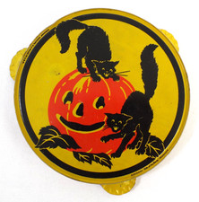 Vintage 1950s Kirchhof Halloween Tin Litho Tambourine Noisemaker Black Cats JOL picture