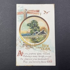 Antique 1910s Embossed New Year Postcard Winter Scene Signpost Poem picture