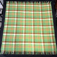Vtg Brown's of Bermuda Tartan Plaid Green Yellow Brown Wool Throw Blanket 52x60