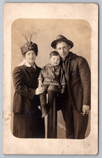 Sturdy Young Family~Couple w/Boy~Fancy Feather, Fedora Hats c1920s RPPC Postcard picture
